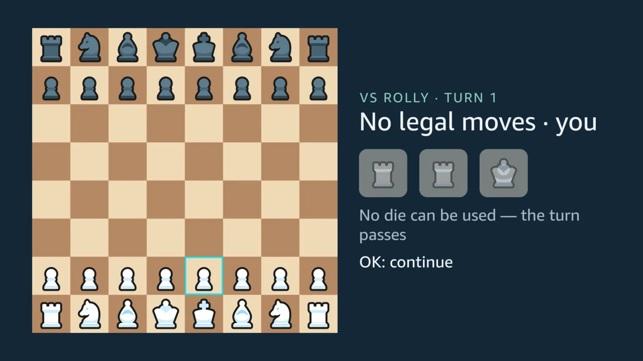 A roll with nothing to play: the headline reads No legal moves, the three dice are dimmed, and the reason is written under them