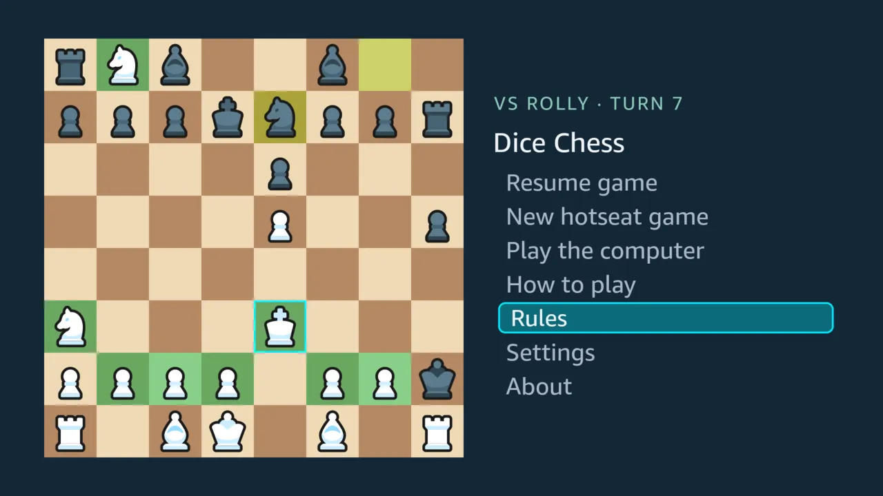 The home menu with OK held down on Rules: the focused item is framed, filled more strongly while the button is held, and slightly smaller