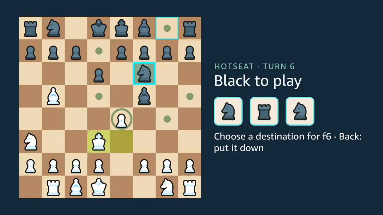 A hotseat game: Black's knight is picked up, its destinations are dotted, and three dice sit beside the board