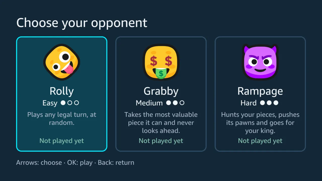 The choice of opponent: three cards, Rolly, Grabby and Rampage, each with a face, a level, a line on how it plays and your record against it