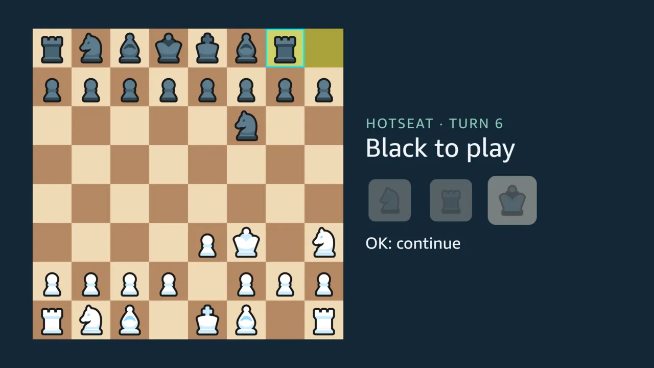A turn that ended with a die left over: the knight and the rook dice are spent, smaller and faded, and the queen die is dimmed at full size without its ring
