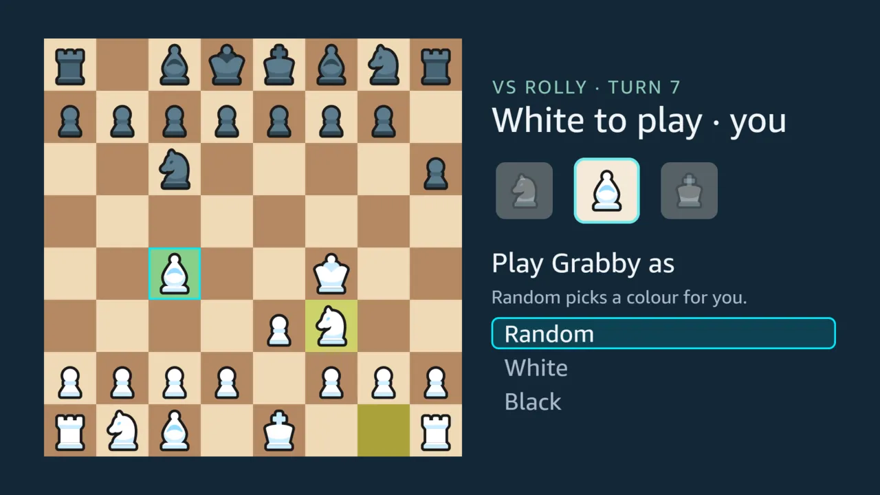 The colour choice before a game against Grabby: Random, White or Black