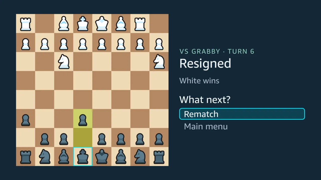 After resigning against Grabby: Resigned, White wins, and the choice of Rematch or Main menu