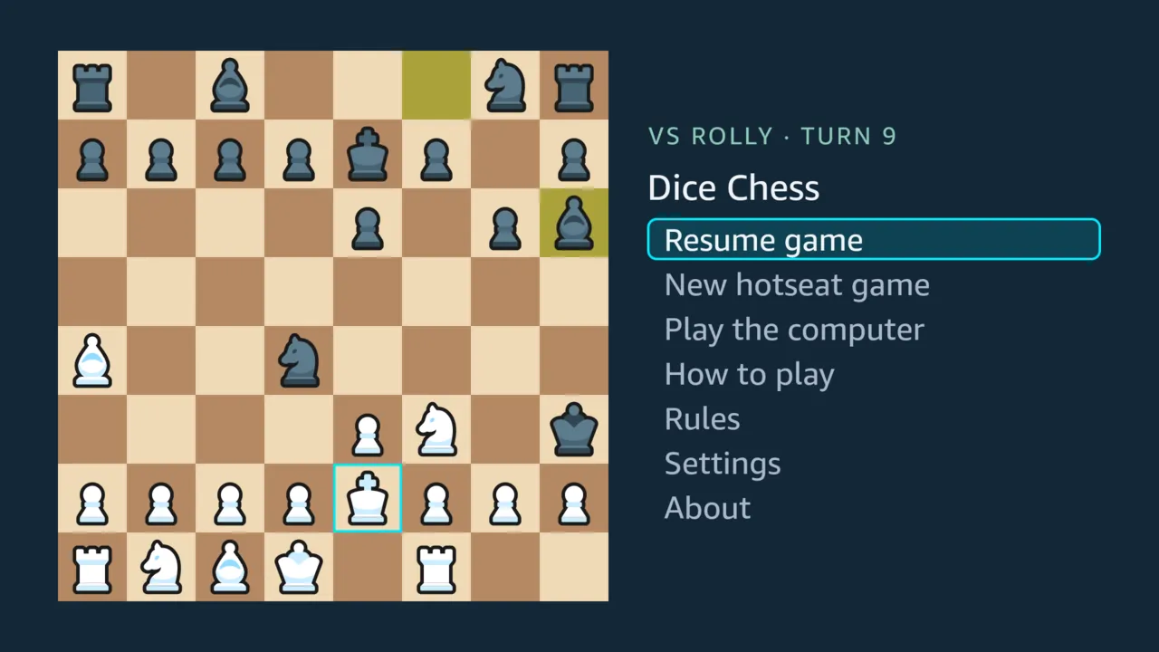 The home screen with Resume game focused over a game in progress