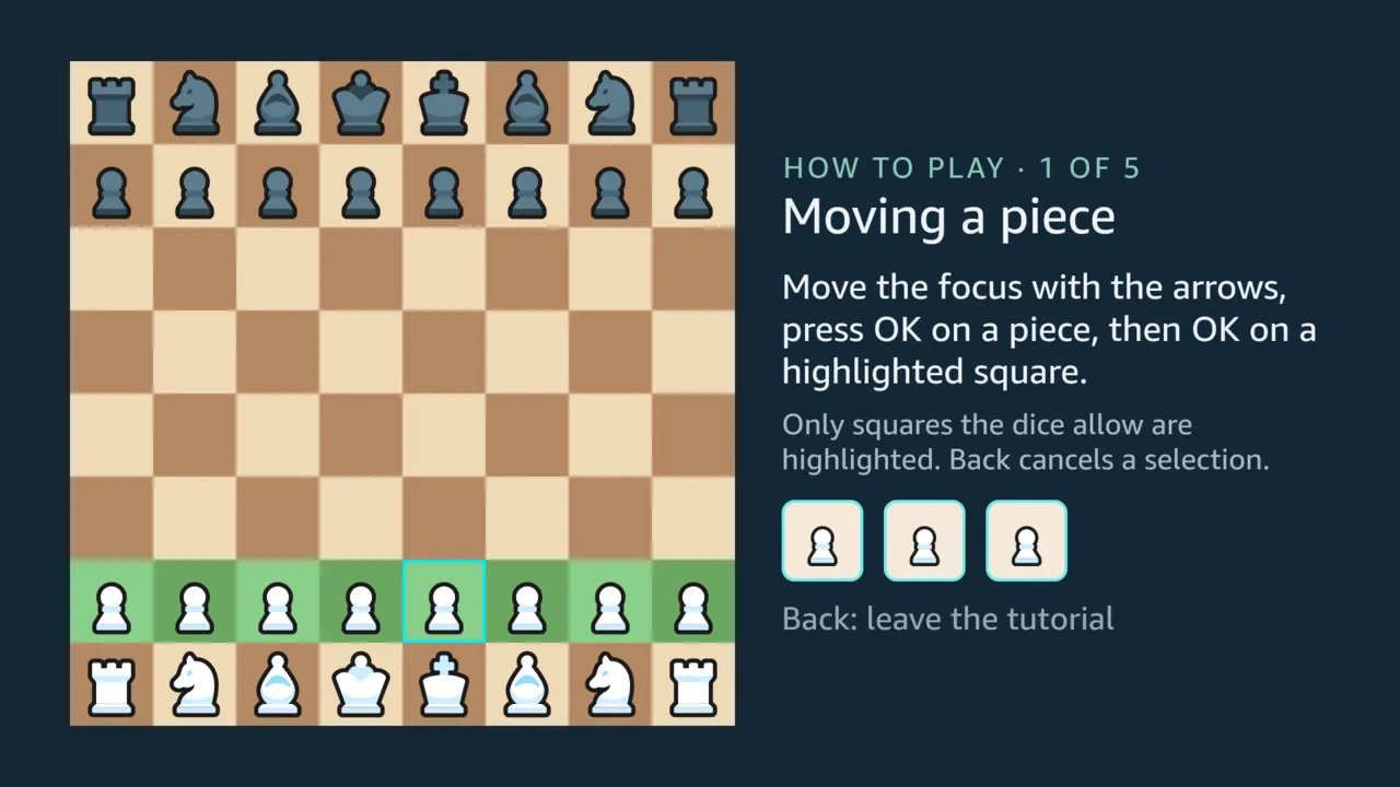 The first tutorial lesson, Moving a piece, with the pawns that can move marked